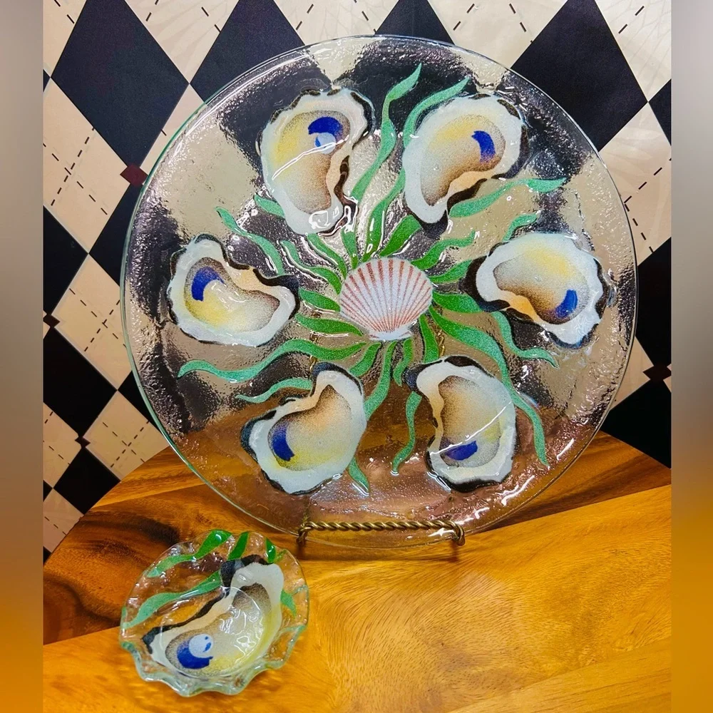 Oyster Shell Motif Fused Glass Platter & Bowl Set — Iridescent Coastal Art Glass - Picture 9 of 16